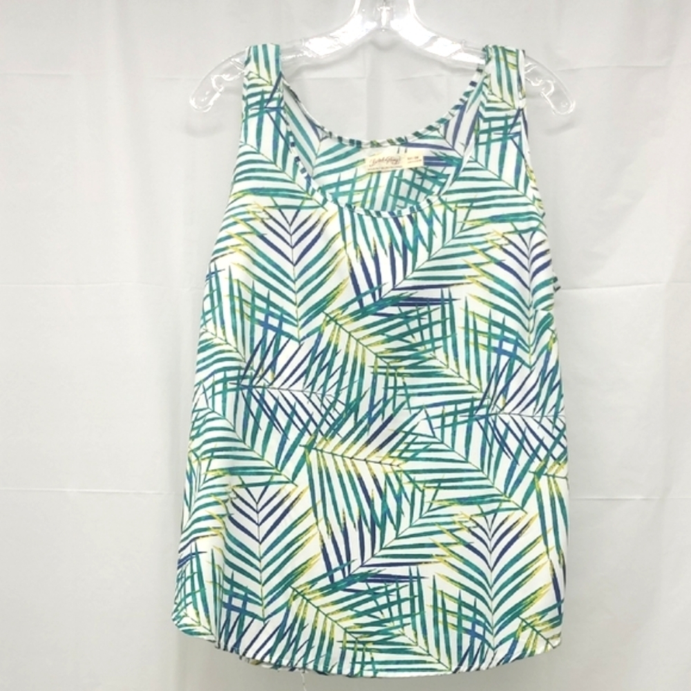 Tank Top Lightweight Blouse Sleeveless Palm Leaf Print On White Scoop Neck EUC